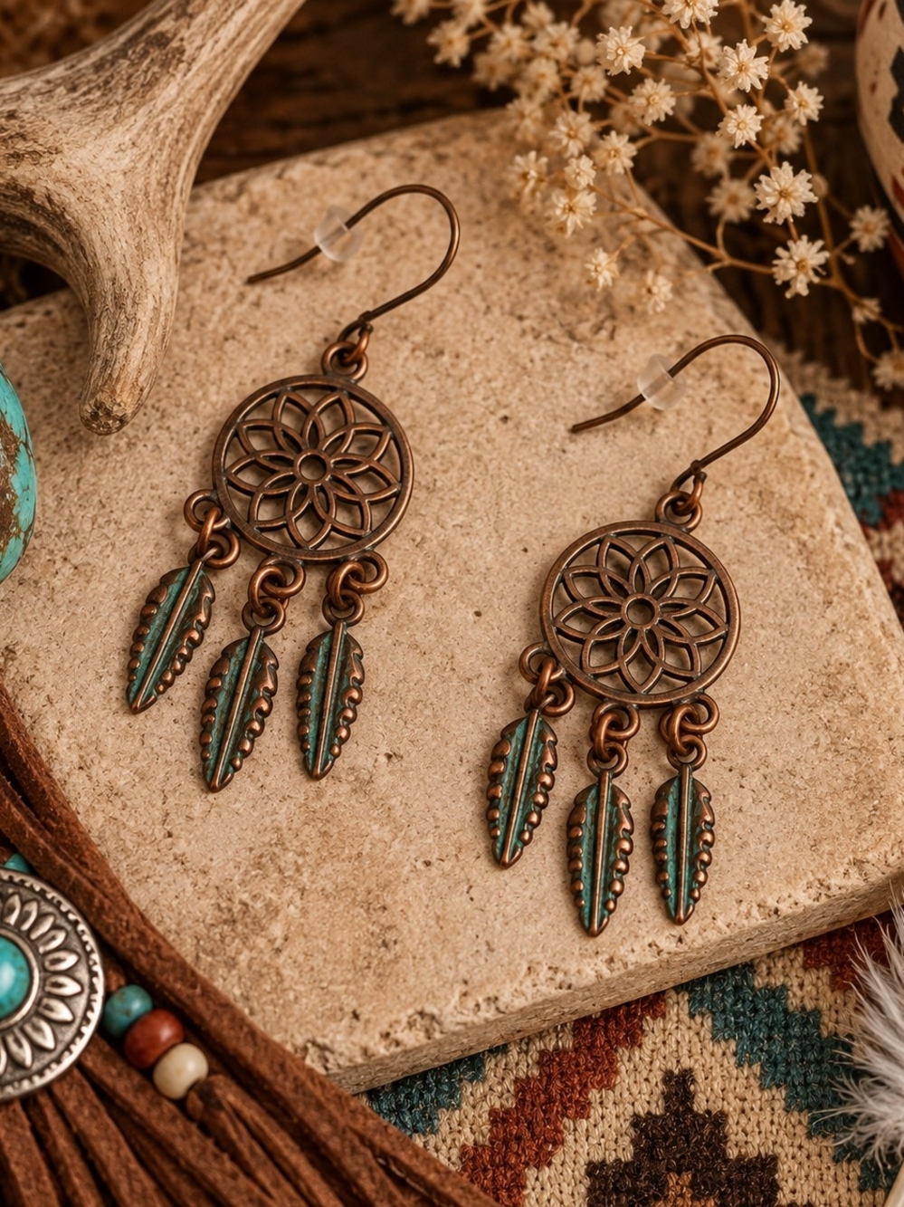 Bohemian Turquoise Patina Dreamcatcher Dangle Earrings New
